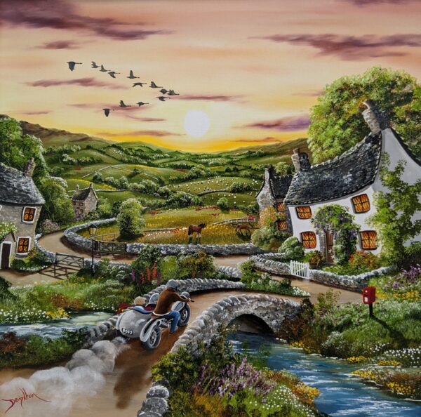 Lake District art original acrylic painting by Caroline Deighton. Golden Goosey Ganders featuring a sunset village with geese flying and a couple in a motorbike and sidecar