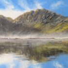 Lake District art original oil painting by Ben Goymour. Haystacks overlooking Buttermere on a sunny day with rolling mist along the water and mountain reflections