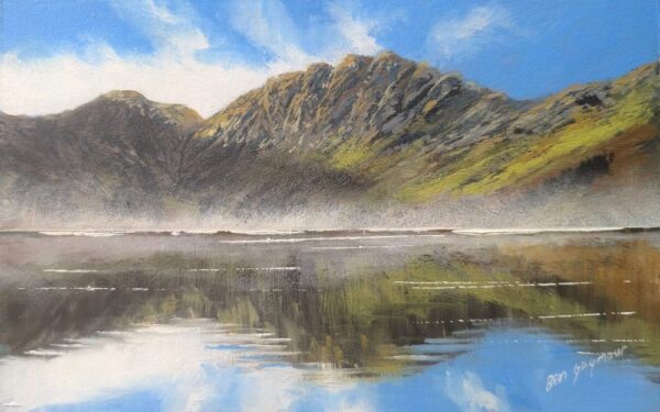 Lake District art original oil painting by Ben Goymour. Haystacks overlooking Buttermere on a sunny day with rolling mist along the water and mountain reflections