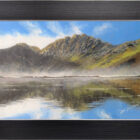Lake District art original oil painting by Ben Goymour. Haystacks overlooking Buttermere on a sunny day with rolling mist along the water and mountain reflections