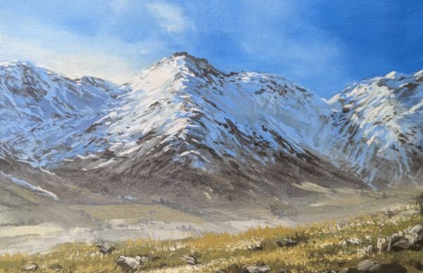 Lake District art original oil painting by Ben Goymour. Langdale Fells in the langdale valley near Ambleside in winter with snow on the mountain tops