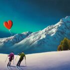 lake district art original oil painting by artist david renshaw adventures of ted and doris northern romance. Loving Life Together a snowy winter scene - the couple take to the slopes skiing
