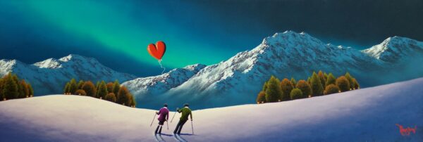 lake district art original oil painting by artist david renshaw adventures of ted and doris northern romance. Loving Life Together a snowy winter scene - the couple take to the slopes skiing