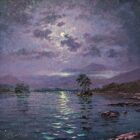 Moonlight Sparkle Across Derwentwater lake district an original oil painting by Andrew Grant Kurtis. A stunning purple moonlit scene with the full moon reflections in the lake