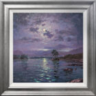 Moonlight Sparkle Across Derwentwater lake district an original oil painting by Andrew Grant Kurtis. A stunning purple moonlit scene with the full moon reflections in the lake