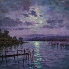 Moonlight Sparkle Windermere lake district an original oil painting by Andrew Grant Kurtis. A stunning purple moonlit scene with the full moon reflections in the lake and a jetty