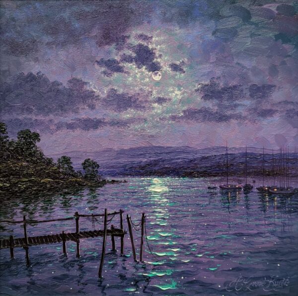 Moonlight Sparkle Windermere lake district an original oil painting by Andrew Grant Kurtis. A stunning purple moonlit scene with the full moon reflections in the lake and a jetty