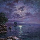 Nocturne Reflections Ullswater lake district an original oil painting by Andrew Grant Kurtis. A stunning purple moonlit scene with the full moon reflections in the lake.