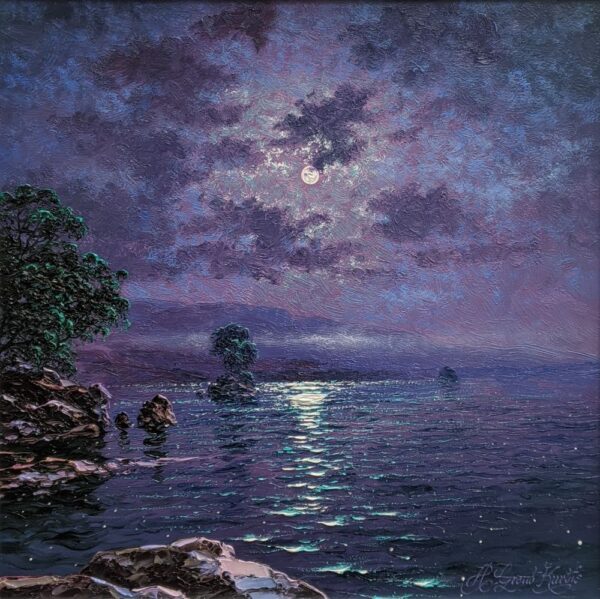 Nocturne Reflections Ullswater lake district an original oil painting by Andrew Grant Kurtis. A stunning purple moonlit scene with the full moon reflections in the lake.