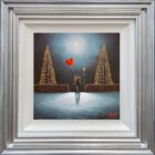 lake district art romantic original oil painting by david renshaw. Snow Kissed Promises feauting ted and doris with red heart in winter wonderland