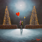 lake district art romantic original oil painting by david renshaw. Snow Kissed Promises feauting ted and doris with red heart in winter wonderland
