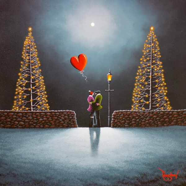 lake district art romantic original oil painting by david renshaw. Snow Kissed Promises feauting ted and doris with red heart in winter wonderland