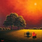 Lake District art original oil painting The Warmest Feeling by David Renshaw. featuring ted and doris overlooking a sunset from bench with tree and red hear