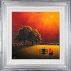 Lake District art original oil painting The Warmest Feeling by David Renshaw. featuring ted and doris overlooking a sunset from bench with tree and red hear