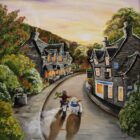 Lake District art original acrylic painting by Caroline Deighton. Trundling Through Grasmere featuring a couple on a motorbike and sidecar travelling through the village - hawkshead