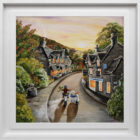 Lake District art original acrylic painting by Caroline Deighton. Trundling Through Grasmere featuring a couple on a motorbike and sidecar travelling through the village - hawkshead