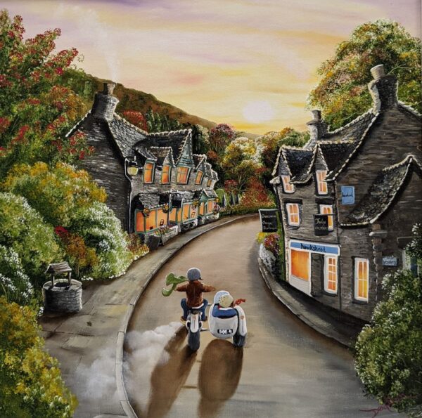 Lake District art original acrylic painting by Caroline Deighton. Trundling Through Grasmere featuring a couple on a motorbike and sidecar travelling through the village - hawkshead