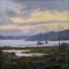 lake district art original oil painting by local artist Jeff Sudders. Winter Afternoon at Waterhead a calm purple and peach sunset over windermere with still boats and distant mountains