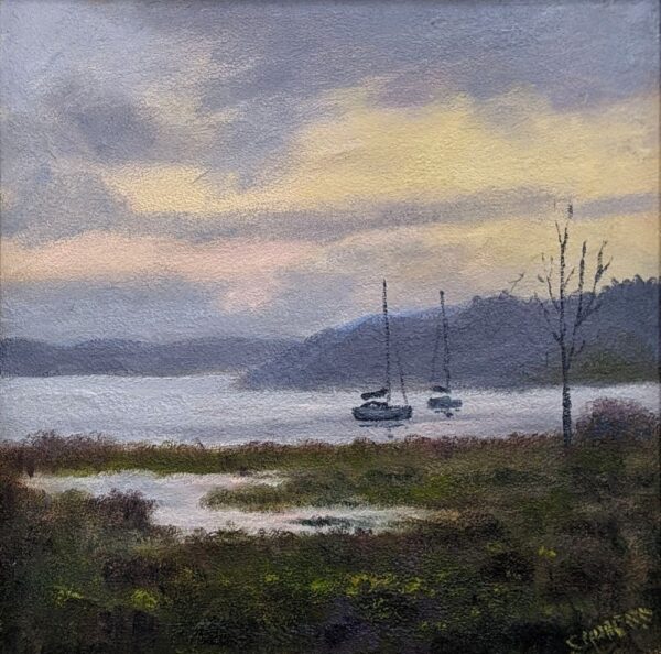 lake district art original oil painting by local artist Jeff Sudders. Winter Afternoon at Waterhead a calm purple and peach sunset over windermere with still boats and distant mountains