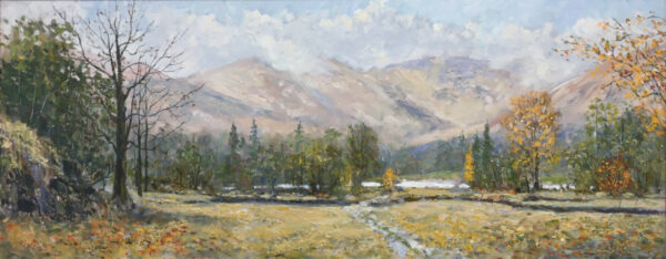 Lake District art original oil painting by Jeff Sudders. A touch of autumn near ambleside landscape view feautring lake windermere and fairfield fells
