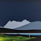 lake district art original acrylic painting by artist jay nottingham featuring Blea Tarn Langdale Pikes and surrounding fells in bold contemporary silhouette style