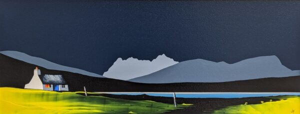 lake district art original acrylic painting by artist jay nottingham featuring Blea Tarn Langdale Pikes and surrounding fells in bold contemporary silhouette style
