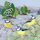 lake district art original acrylic painting by artist linda mellin of Blue Tits perching by a lake with mountains in the background in her bright colourful style
