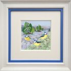 lake district art original acrylic painting by artist linda mellin of Blue Tits perching by a lake with mountains in the background in her bright colourful style