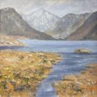 lake district art original oil painting by local artist Jeff Sudders. December at Wastwater featuring Yewbarrow / Great Gable / Scafell dusted with snow in winter