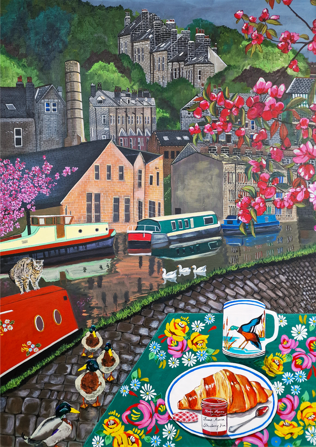 Donna Flowers Dorning Breakfast on the Canal A Still Life Print by Cumbria Based Artist Donna Flowers Dorning. the canal in Hebden Bridge with a riverboat home views of terraced houses. cobbled path & breakfast spread & local wildlife