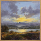 lake district art original oil painting by local artist Jeff Sudders. Evening light over the langdales. sunset colours overlooking lake windermere towards iconic pikes fell range