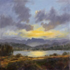 lake district art original oil painting by local artist Jeff Sudders. Evening light over the langdales. sunset colours overlooking lake windermere towards iconic pikes fell range