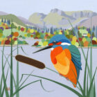 lake district art original acrylic painting by artist linda mellin of a kingfisher perching by Windermere with the Langdale Pikes in the background in her bright colourful style