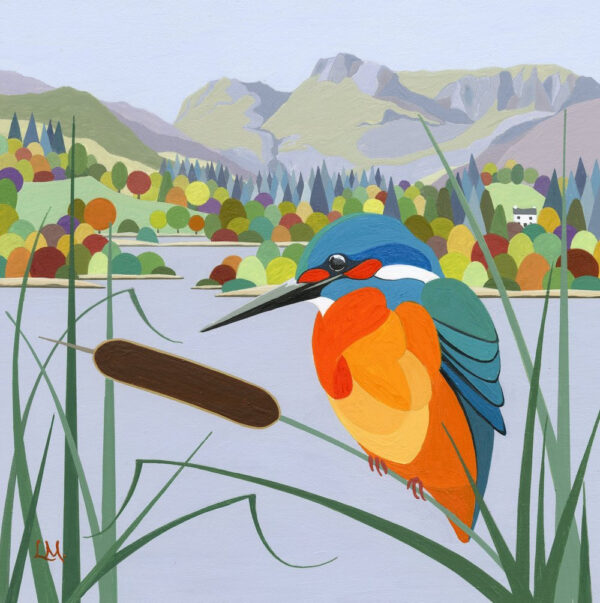 lake district art original acrylic painting by artist linda mellin of a kingfisher perching by Windermere with the Langdale Pikes in the background in her bright colourful style
