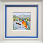 lake district art original acrylic painting by artist linda mellin of a kingfisher perching by Windermere with the Langdale Pikes in the background in her bright colourful style