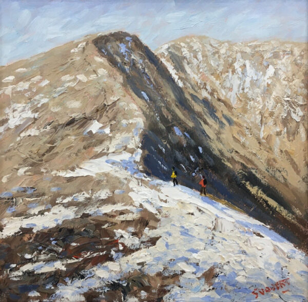 lake district art original oil painting by local artist Jeff Sudders. Looking towards the Fairfield Horseshoe hikers in winter snow covered fell top