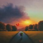 Lake District art original oil painting by David Renshaw. Never Ending Road To Happiness featuring Ted and Doris walking along a sunset path with a love heart balloon