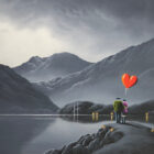 Lake District art original oil painting by David Renshaw. One Moment in Time. Featuring black and white Ted and Doris by a lake shoreline with fells and red balloon heart