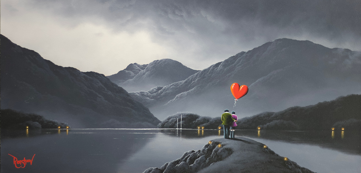 One Moment in Time by David Renshaw Lake District art original oil painting by David Renshaw. One Moment in Time. Featuring black and white Ted and Doris by a lake shoreline with fells and red balloon heart