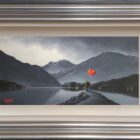 Lake District art original oil painting by David Renshaw. One Moment in Time. Featuring black and white Ted and Doris by a lake shoreline with fells and red balloon heart