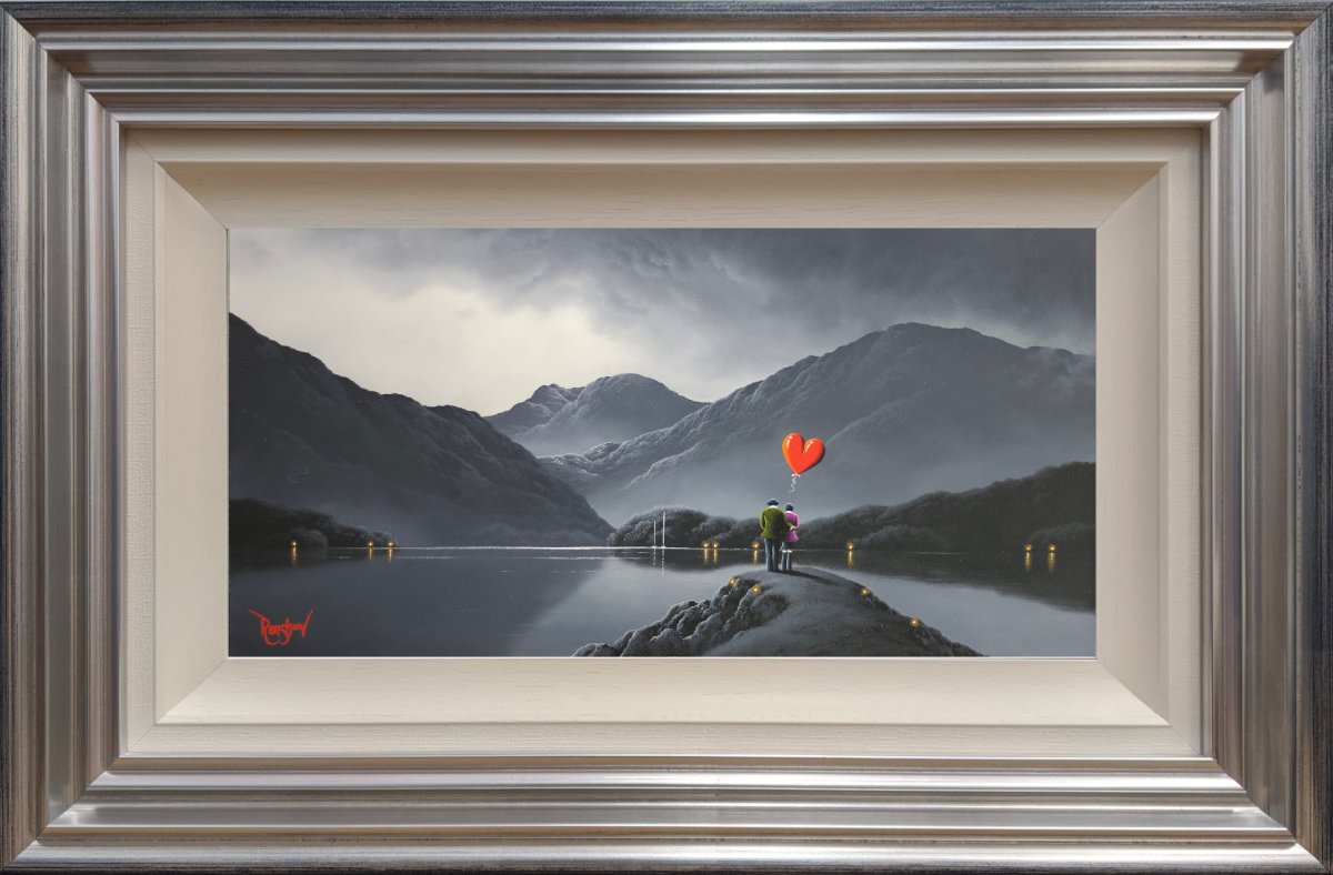 Lake District art original oil painting by David Renshaw. One Moment in Time. Featuring black and white Ted and Doris by a lake shoreline with fells and red balloon heart