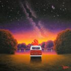 lake district art romantic original oil painting by david renshaw. Our Galaxy Awaits featuring Ted and Doris in a VW Camper. A road trip with a celestial sky full of stars and distant sunset