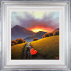Lake District art original oil painting Pure Heaven by David Renshaw. featuring ted and doris on a hillside path with a distant sunset and mountains