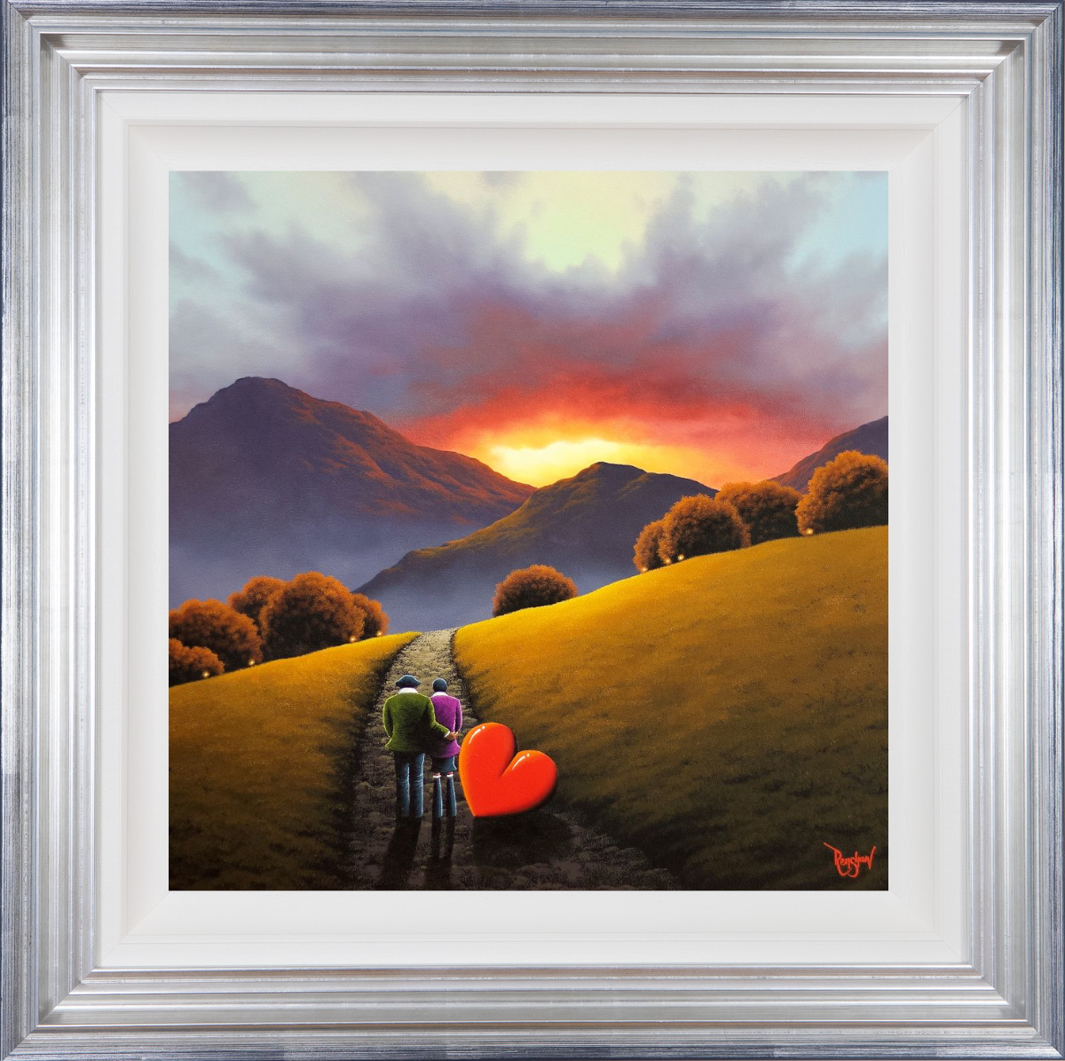Lake District art original oil painting Pure Heaven by David Renshaw. featuring ted and doris on a hillside path with a distant sunset and mountains
