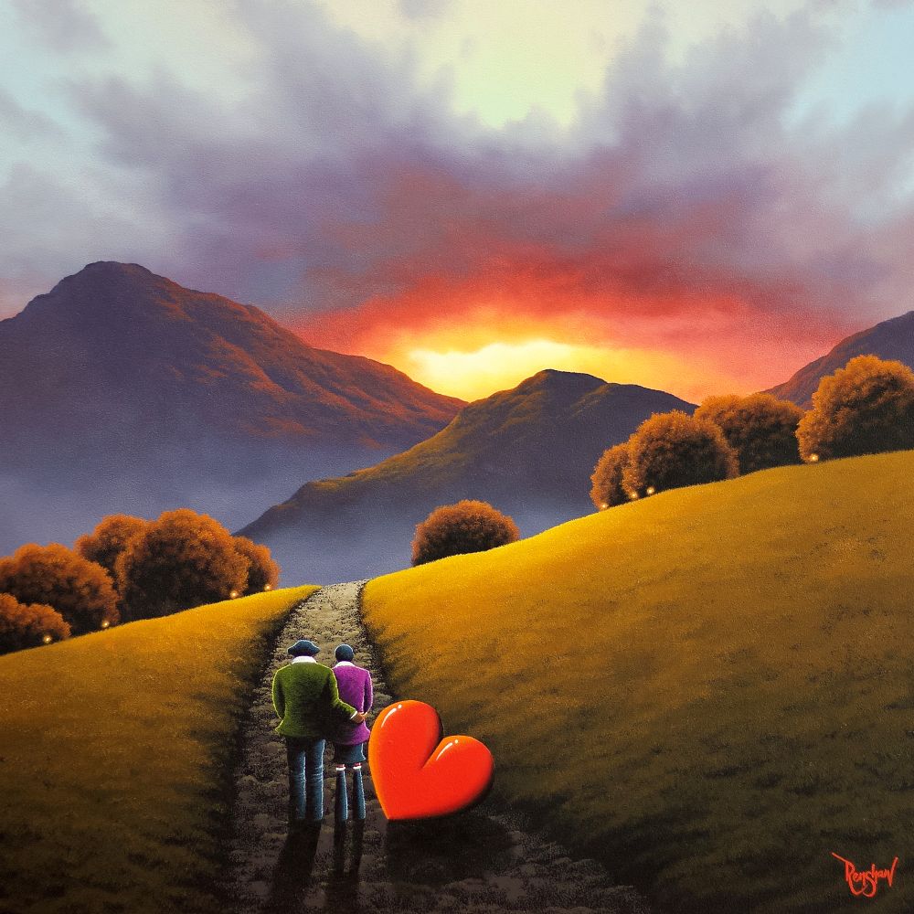 Pure Heaven OR by David Renshaw Lake District art original oil painting Pure Heaven by David Renshaw. featuring ted and doris on a hillside path with a distant sunset and mountains
