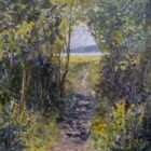 Lake District art original oil painting by Jeff Sudders Summer Footpath by Windermere. Lush green wild foliage encompass a path leading to a lake in the distance.