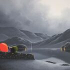 Lake District art original oil painting by David Renshaw. To Have & To Hold featuring Ted and Doris on a monochrome greyscale landscape at the side of a lake with bright red heart