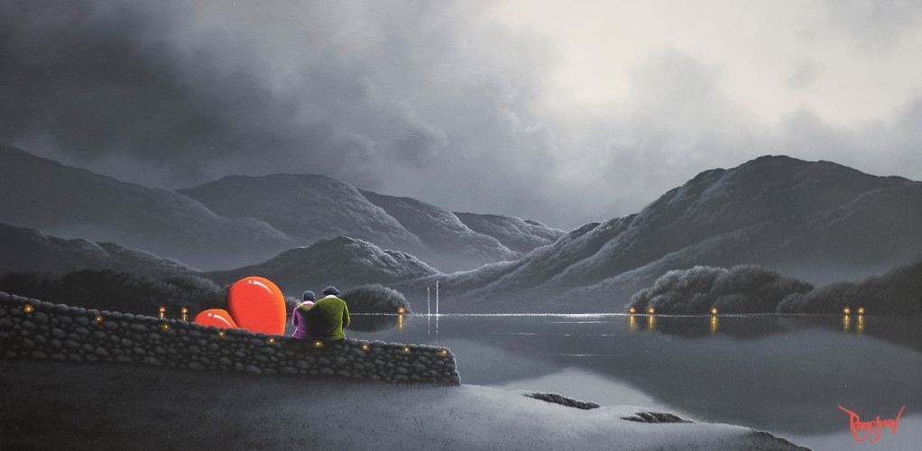 To Have & To Hold by David Renshaw Lake District art original oil painting by David Renshaw. To Have & To Hold featuring Ted and Doris on a monochrome greyscale landscape at the side of a lake with bright red heart