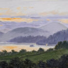 Lake District art original oil painting by Jeff Sudders. Ullswater Evening features a peach and purple sunset from the hillside with the lake and mountains in the distance