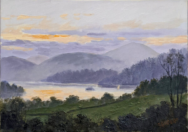 Lake District art original oil painting by Jeff Sudders. Ullswater Evening features a peach and purple sunset from the hillside with the lake and mountains in the distance